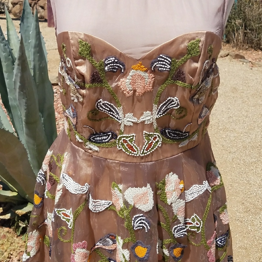 Embroidered Blush Beaded Bird Floral Maeve Dress S